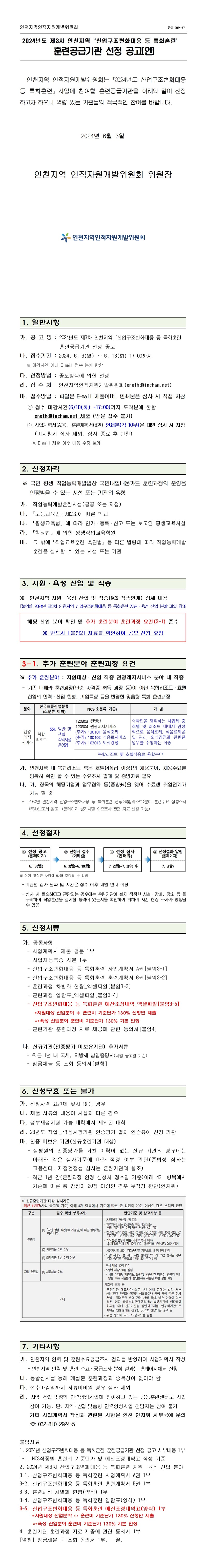 2024년도 제3차 인천지역 「산업구조변화대응 등 특화훈련」 훈련공급기관 선정 공고의 1번째 이미지